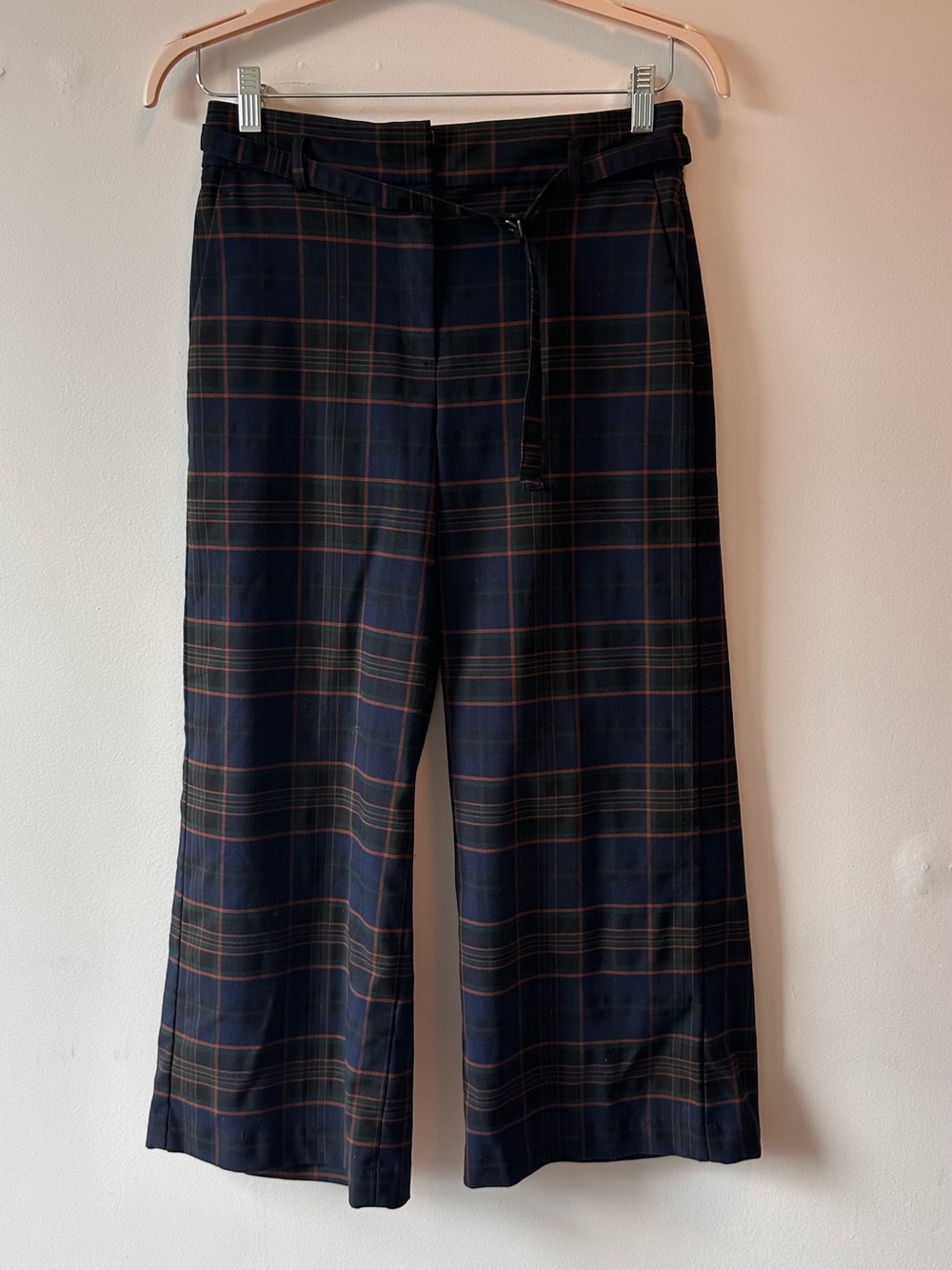 Ann Taylor Factory Navy Plaid Wide-Leg Trousers with Self-Tie